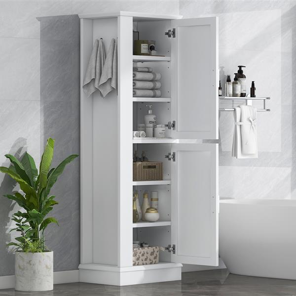 Tall Bathroom Storage Cabinet, Freestanding Storage Cabinet with Hook and Adjustable Shelf, MDF Board, White