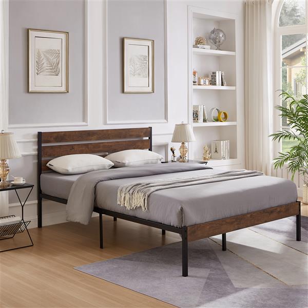 Queen Size Bed Frame with Wood Headboard, Metal Frame with Strong Slats, Noise Free,No Box Spring Needed-Brown