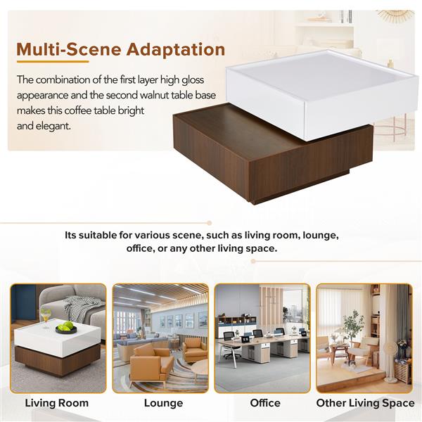 Multi-functional Square 360°Rotating Coffee Table with 2 Drawers, High Gloss 2-Tier Center Table with Swivel Tabletop and Storage, Walnut Table Frame Side Table for Living Room, White