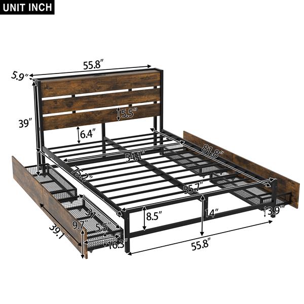 Metal Platform Bed With Four drawers, Sockets and USB Ports, Full, Black