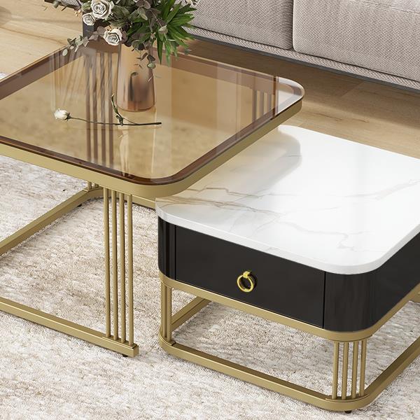 Nesting Coffee Table with Drawer, Set of 2, Exquisite Square Stacking Coffee Tables with Brown Tempered Glass, Side Table with High Gloss Marble Grain Tabletop for Living Room, Black