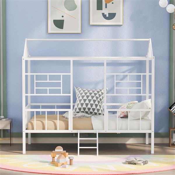 Metal House Bed Frame Twin Size with Slatted Support No Box Spring Needed White