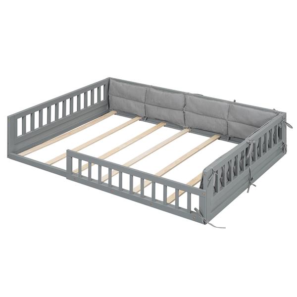 Wood Full Size Upholstered Platform Bed with Guardrail and Pillow, Gray