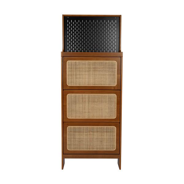 Rattan Shoe Cabinet for Entryway, Free Standing Shoe Rack with 3 Flip Drawers & Black Pegboard, Hidden Narrow Shoe Cabinet for Entrance Hallway, 24.88"W x 7.88" D x 65"H