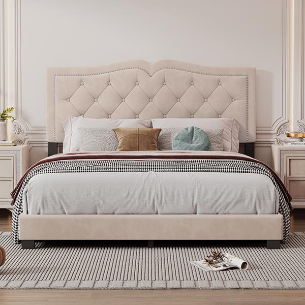 Queen Size Upholstered Bed Frame with Rivet Design, Modern Velvet Platform Bed with Tufted Headboard,Beige