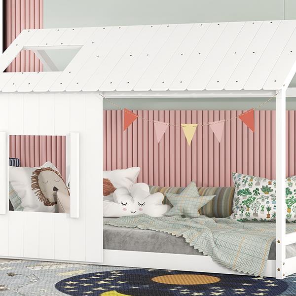 Twin Size House Bed with Roof and Window - White