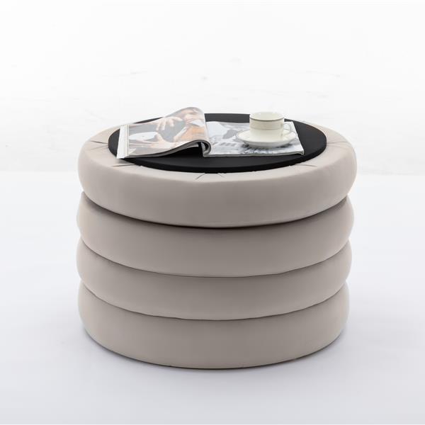 007-Velvet Fabric Storage Round Ottoman Footstool With Wooden Shelving,Light Gray