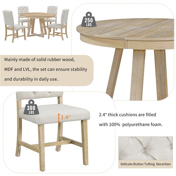 5-Piece Retro Functional Dining Set, Round Table with a 16"W Leaf and 4 Upholstered Chairs for Dining Room and Living Room (Natural)