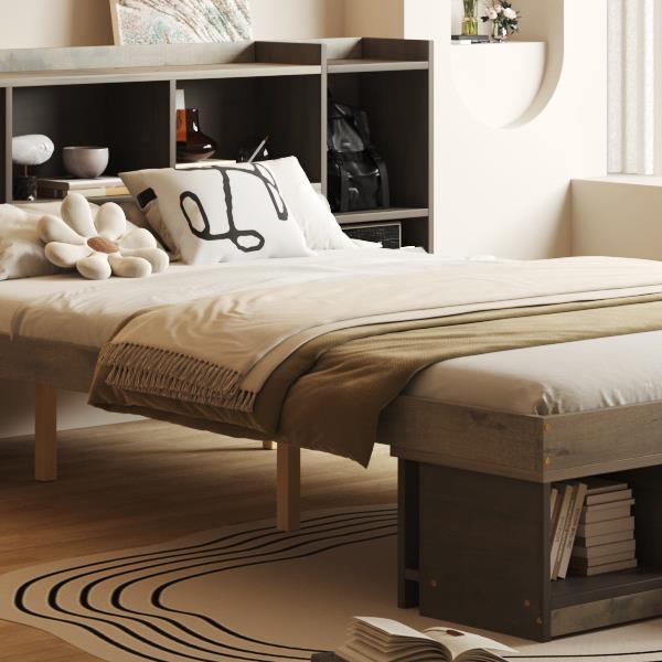 Queen Size Wood Platform Bed with Multi-storage Headboard and a Drawer, Gray