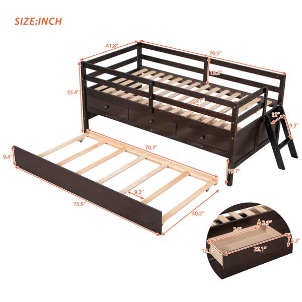 Low Loft Bed Twin Size with Full Safety Fence, Climbing ladder, Storage Drawers and Trundle Espresso Solid Wood Bed