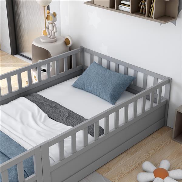 Twin Size Floor bed, integral construction with super high security barrier, door, children's floor bed frame, Montessori wooden children's floor bed,  Grey