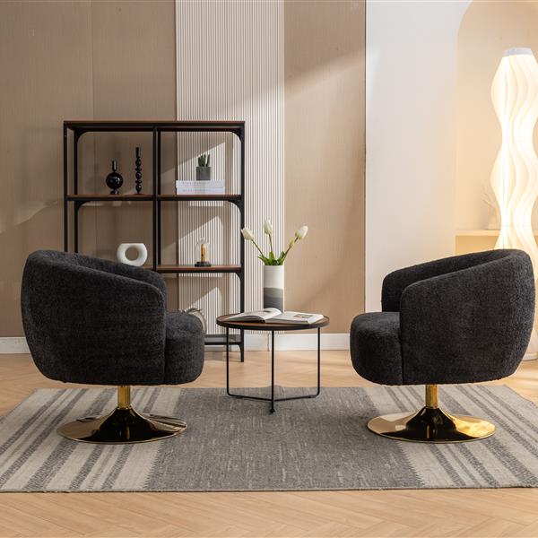 048-Chenille Fabric Swivel Chair With Gold Metal Round Base,Black