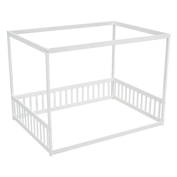 Full Size Canopy Frame Floor Bed with Fence, Guardrails,White