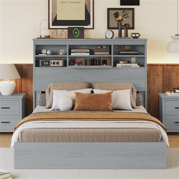 Queen Size Vintage Platform Bed,With Storage Headboard and Charging Station, Light Gray