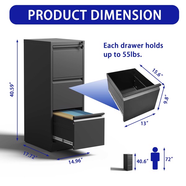 3 Drawer Metal Vertical File Cabinet with Lock Office Home Steel Vertical File Cabinet for A4 Legal/Letter Size 