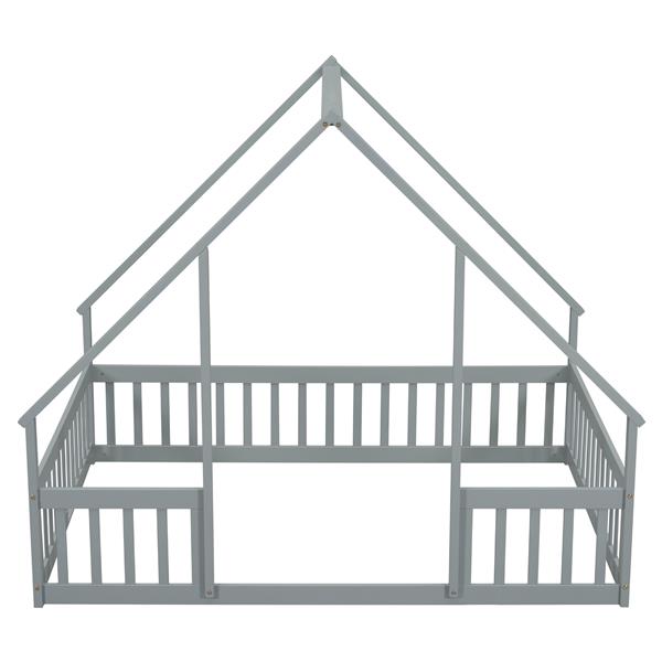 Full Wood House-Shaped Floor Bed with Fence, Guardrails,Grey