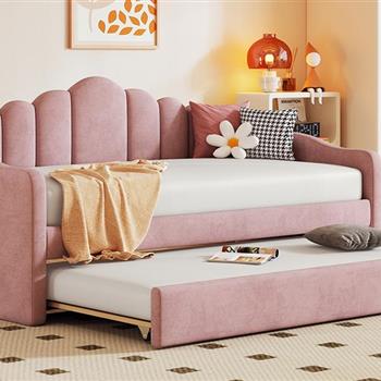 Twin size Upholstered Daybed with Trundle ,Velvet Sofabed with USB Charging Ports,No Box-spring Needed,Pink