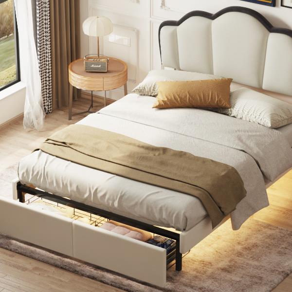 Full Size Upholstered Princess Platform Bed with LED and 2 Storage Drawers, Beige