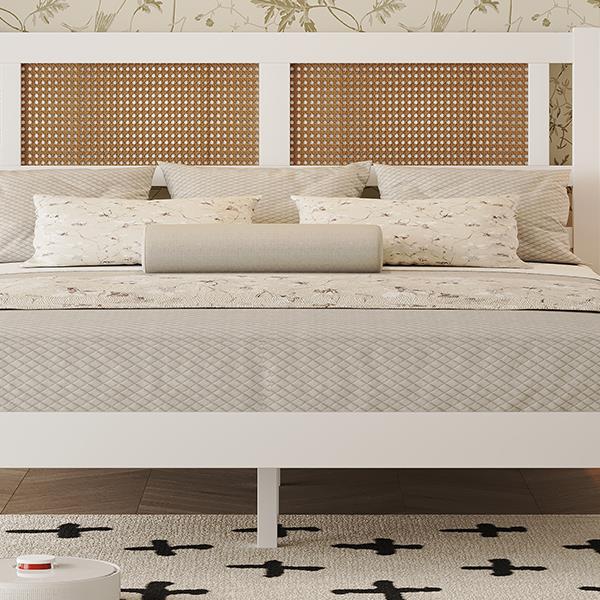 Queen Size Wood Platform Bed with Natural Rattan Headboard,Exquisite Elegance with Minimalist Charm for Bedroom,White