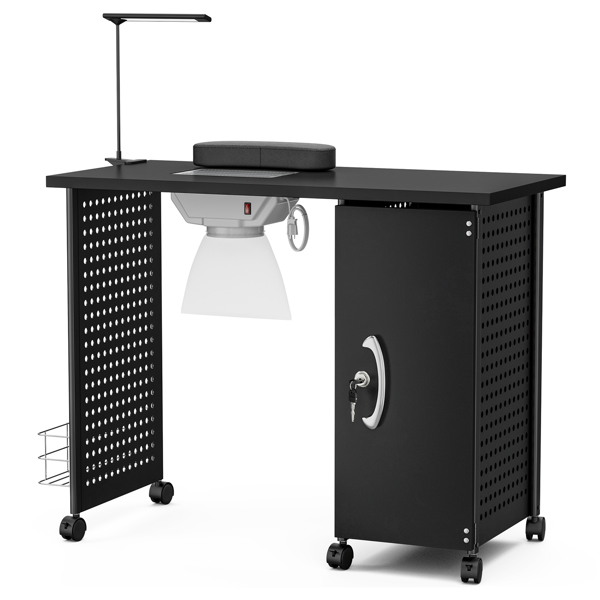 Nail Desk Nail Table Workstation with Removable Drawers，Lockable Wheels, Fan Dust Collector,Lamp,Wrist rest Black