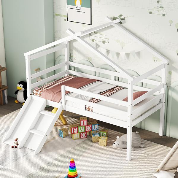 Twin Low Loft House Bed with Slide,  Ladder, Safety Guardrails, House Roof Frame,White