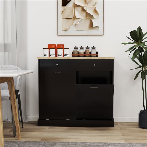 Two Drawers and Two-Compartment Tilt-Out Trash Cabinet Kitchen Trash Cabinet-Black