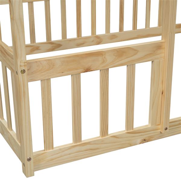 Full Wood House-Shaped Floor Bed with Fence, Guardrails,Natural