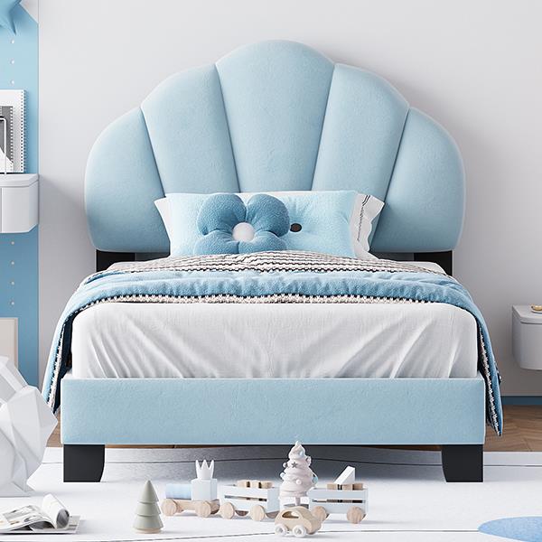 Twin Size Upholstered Velvet Platform Bed with Shell-Shaped Headboard, Blue