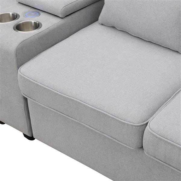 [VIDEO provided] [New] 114.2" Upholstered Sofa with Console, 2 Cupholders and 2 USB Ports Wired or Wirelessly Charged, Modern Linen Fabric Couches with 4 Pillows for Living Room, Apartment (4-Seat)