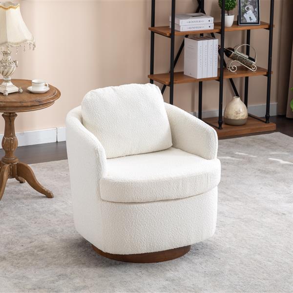 035-Boucle Fabric Swivel Chair With Soild Wood Round Brown Base Leg,Ivory