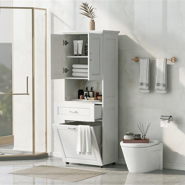 Tall Bathroom Cabinet with Laundry Basket, Large Storage Space Tilt-Out Laundry Hamper and Upper Storage Cabinet, White