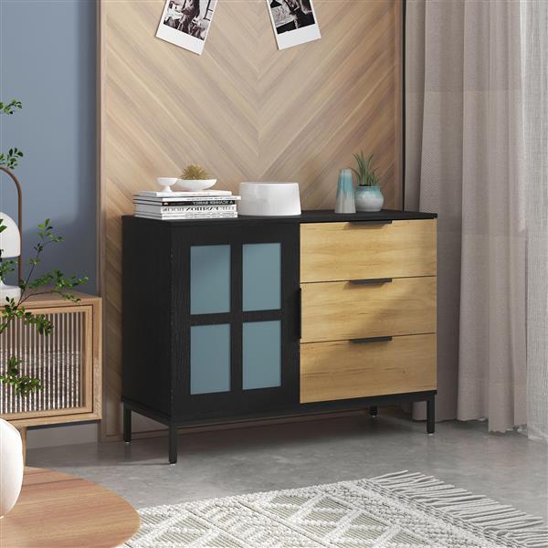 DRESSER CABINET BAR CABINET storge cabinet Glass door side cabinet lockersEmbedded metal handle can be placed in the living room, bedroom, dining room, black+brown