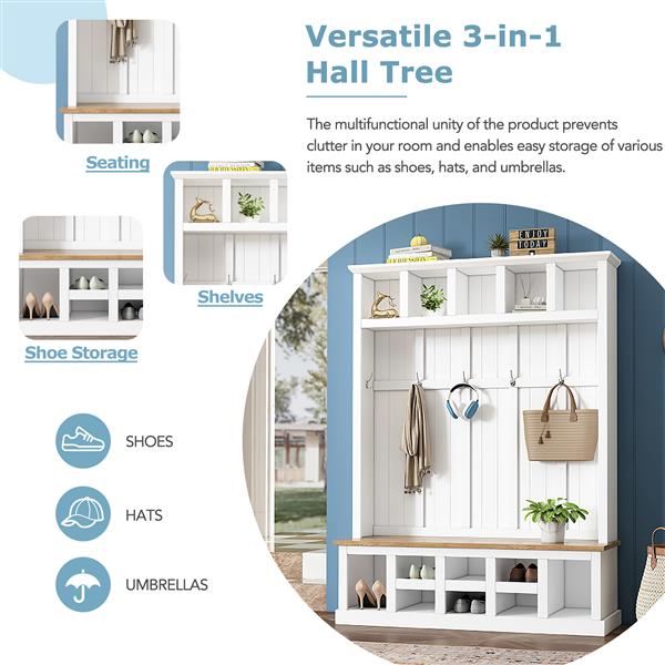 Farmhouse Wooden Style 78''H Modern Hall Tree with Wide Storage Seating Bench, Entryway Shoe Cabinet with 13 Compartments, Elegant Coat Rack with 6 Hooks for Mudroom, Living room, White