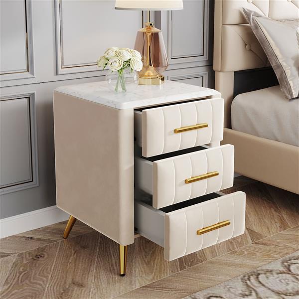 Upholstered Wooden Nightstand with 3 Drawers and Metal Legs&Handles,Fully Assembled Except Legs&Handles,Bedside Table with Marbling Worktop - Beige