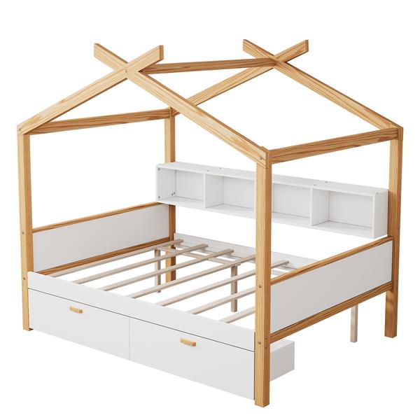 White Full Size Wooden House Bed Original Wood Colored Frame with Two Drawers and Bookshelf Storage Space for Children or Guest Room