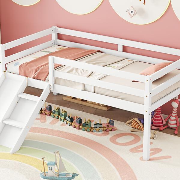 Twin Low Loft Bed with Slide,  Ladder, Safety Guardrails, No Box Spring Needed,White