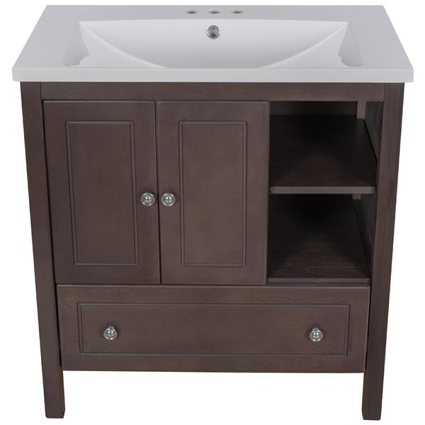 [VIDEO] 30" Bathroom Vanity with Sink, Bathroom Storage Cabinet with Doors and Drawers, Solid Wood Frame, Ceramic Sink, Brown