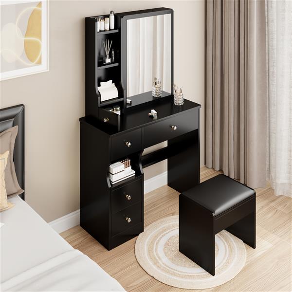 Small Space Left Drawer Desktop Vanity Table + Cushioned Stool, Extra Large Right sliding mirror, Multi Layer High Capacity Storage, Practical Fashionable Dresser, Suitable for Girls Up To 5.6ft Tall