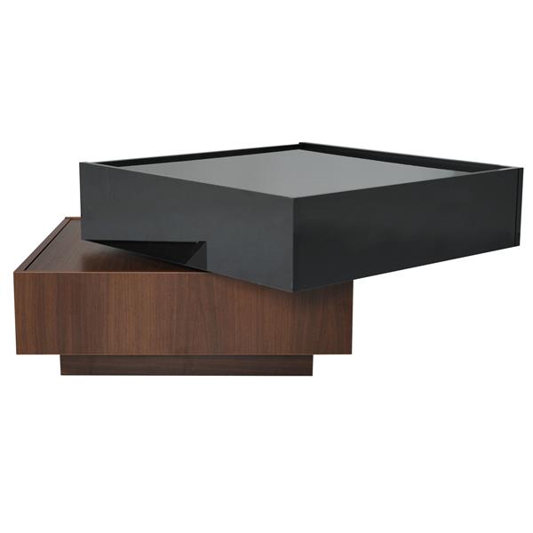 Multi-functional Square 360°Rotating Coffee Table with 2 Drawers, High Gloss 2-Tier Center Table with Swivel Tabletop and Storage, Walnut Table Frame Side Table for Living Room, Black