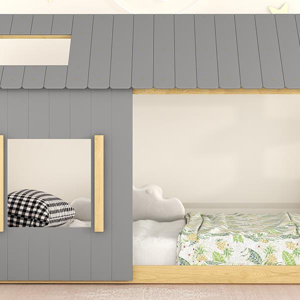 Twin Size House Bed with Roof and Window - Gray+Natural