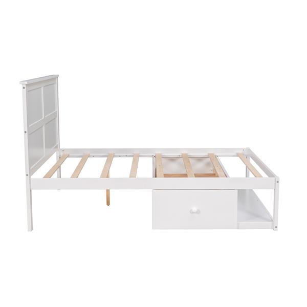 Full Size Platform Bed with Drawer on the Each Side and Shelf on the End of the Bed, White