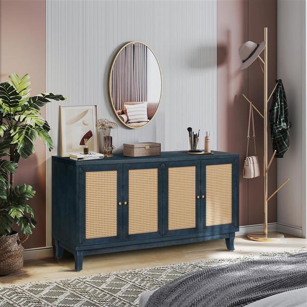 Handcrafted Premium Grain Panels,Rattan Sideboard Buffer Cabinet,Storage Cabinet With 4 Rattan Doors, Modern Storage Cupboard Console Table with Adjustable Shelves for Living Room ,BLUE