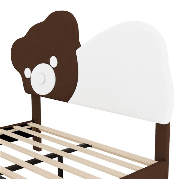 Full Size Upholstered Platform Bed with Bear Shaped Headboard, LED Light Strips, White + Brown