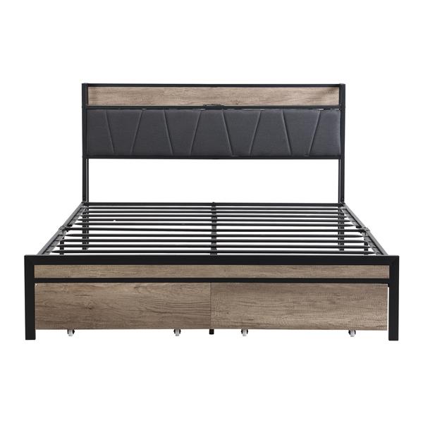 Queen Size  Metal Platform Bed Frame with upholstery storage function Headboard   and USB LINER  and Footboard with drawers , No Box Spring Needed, Large Under Bed Storage, Easy Assemble