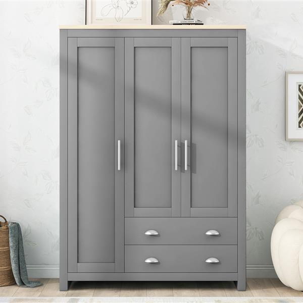 Three Door Storage Wardrobe with Cabinets and Two Hanging Rods,Gray