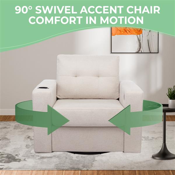 Modern Swivel Accent Sofa Chair, Ernomic Casual 90 Degree Swivel Single Sofa Seat with Drink Holder Living Room Chair ,Soft Egyptian Velvet Sofa Chair (White)