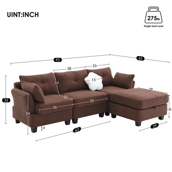 [VIDEO provided] [New] 92*63"Modern Teddy Velvet Sectional Sofa,Charging Ports on Each Side,L-shaped Couch with Storage Ottoman,4 seat Interior Furniture for Living Room, Apartment,3 Colors(3 pillows)