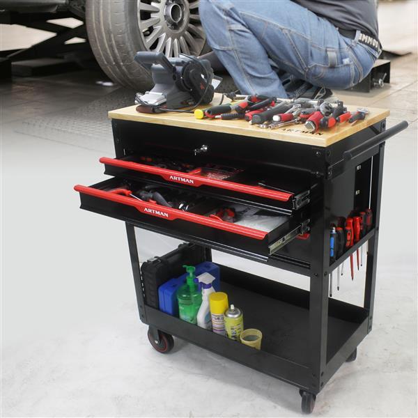 3 DRAWERS MULTIFUNCTIONAL TOOL CART WITH WHEELS AND WOODEN TOP