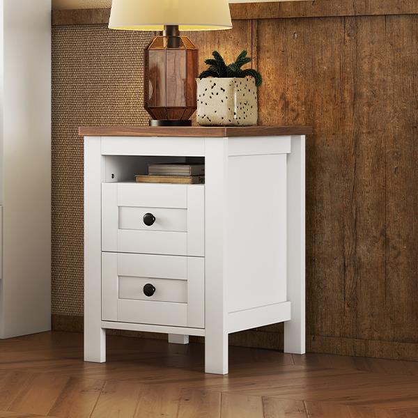 2-Drawer Farmhouse Wooden Nightstand with Well-proportioned Design and Sleek Lines, Wood Side Table with Storage Cabinet for Bedroom, White+Brown