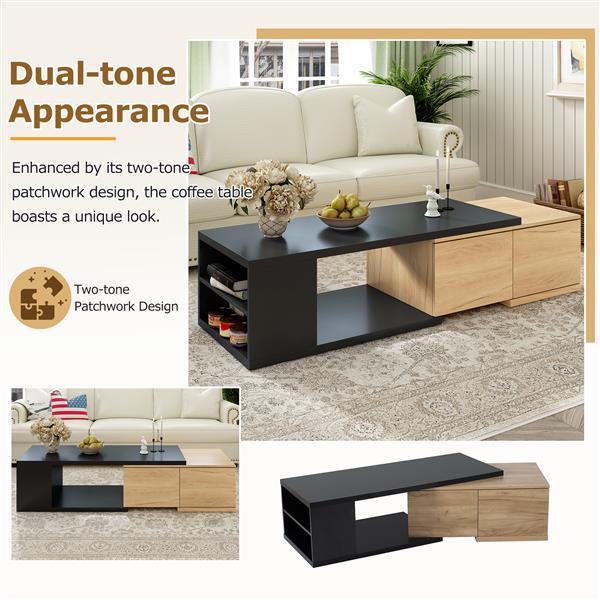 47.2''-57''W Extendable Coffee Table with 2 Storage Drawers, Dual-tone Wood Center Table with Extendable Sliding Tabletop, Multi-functional Hidden Storage Sofa Table for Living Room, Black